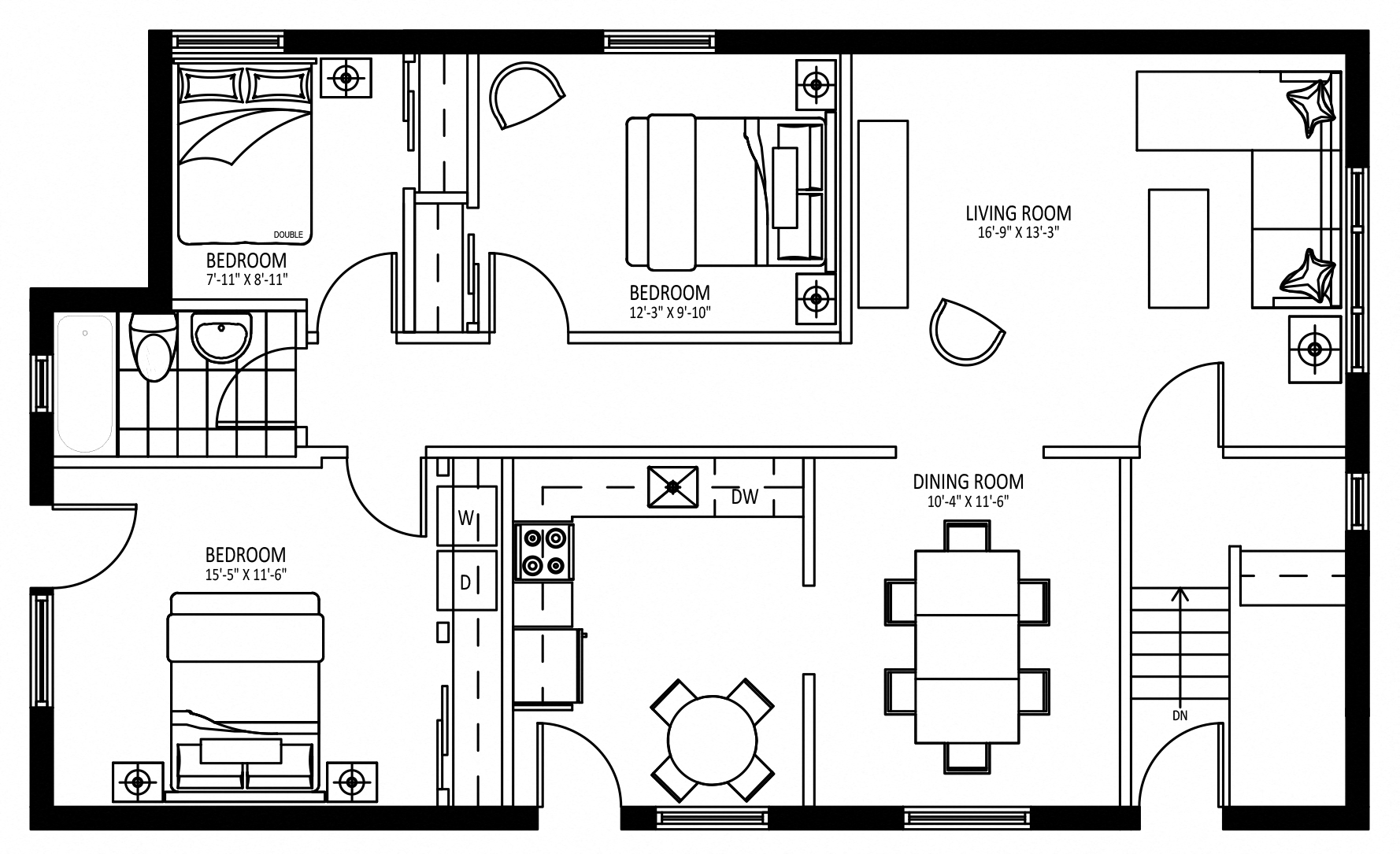 Floor plan for 3 beds, 1 bath